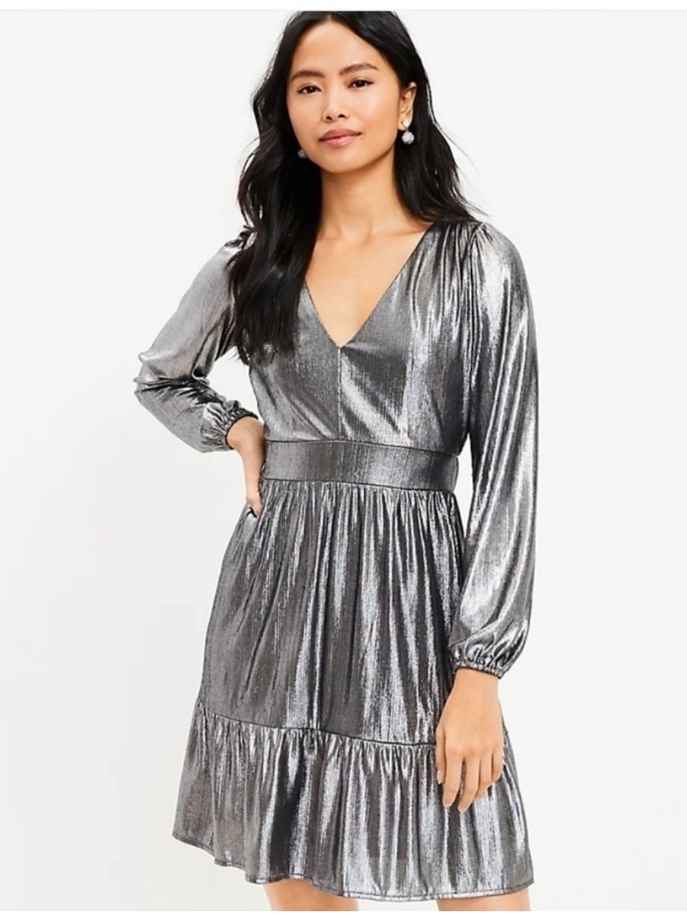 Loft Silver Metallic Long Sleeve V-neck A-line Party Disco Mini Dress Size 4